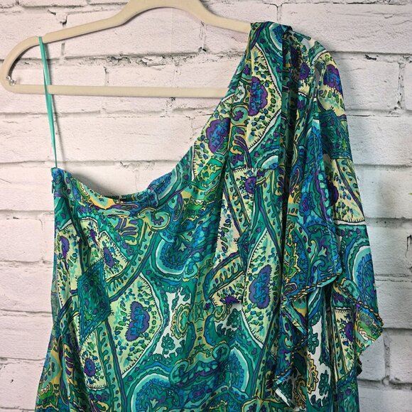 CACHE 100% SILK ONE-SHOULDER GREEN AND BLUE PAISLEY PRINT BLOUSE WOMENS SIZE MED - Picture 4 of 10